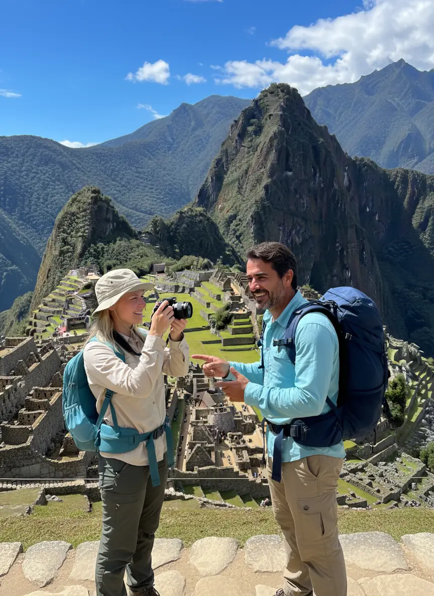 Reiseangebote 10 Touristen am Machu Picchu bei einer Reise nach Südamerika